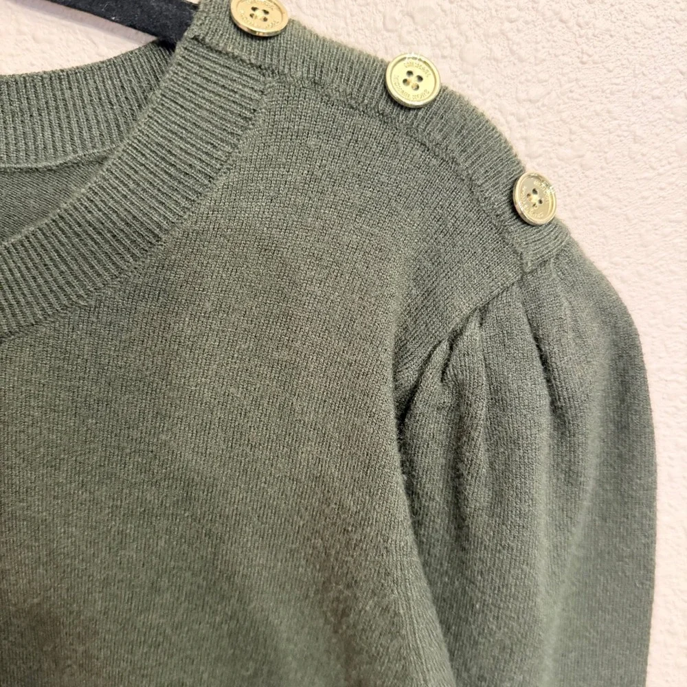 Michael Kors Womens XL Olive Green Puff Sleeve Button Shoulder Crewneck Sweater